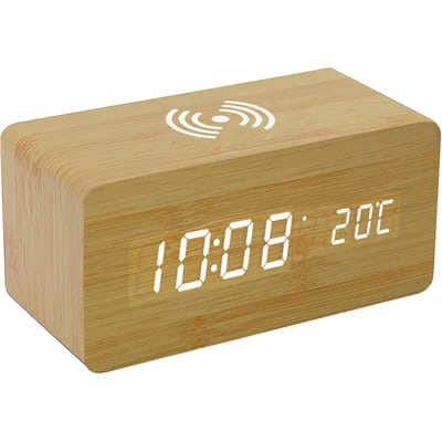 Réveil numérique en bois avec chargement sans fil, 3 alarmes, affichage LED, contrôle du son, pour chambre à coucher kaki
