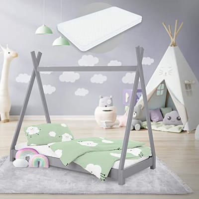 Tipi Kinderbed 70x140 cm Lichtgrijs met Matras en Lattenbodem - Houten Speelbed voor Kinderen