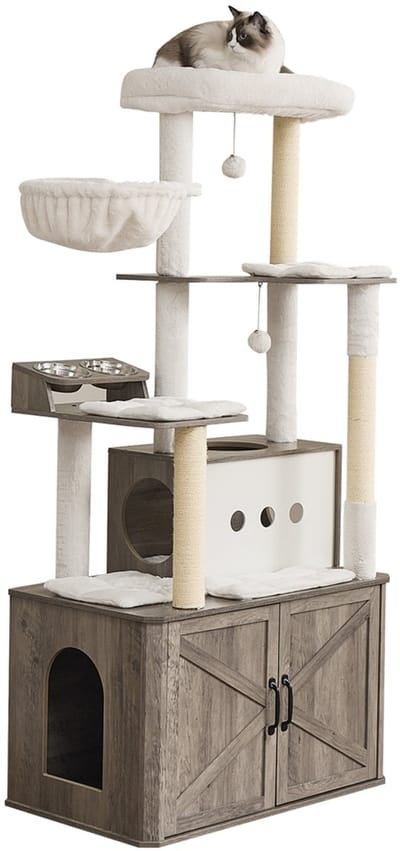 Feandrea - Krabpaal - Kattenboom - 170 cm Hoog - Met Kattenhuis en Ligmand - Kast voor Kattenbak
