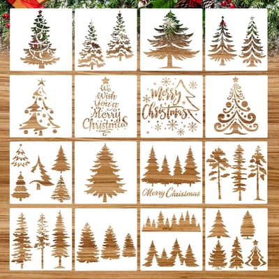 JHUBERS- Kerstsjablonen 16 Stuks - Herbruikbare Sjablonen - Dennenboom Sjablonen - Muursjablonen - Geschikt voor Kinderen - 15 x 15 cm - Stencils