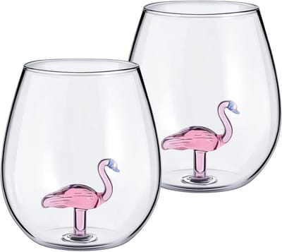 2-delige set wijnglazen - 500 ml - helder - flamingo motief - voor keuken - wit - drinkbekers - restaurants - champagneglazen - bruiloft - feest - jubileum - roze - transparant