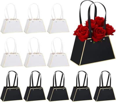 Bloem geschenkdozen - Papieren boeket zak - Bloemen presenteren - Handtas ontwerp - 12 stuks - Wit en zwart