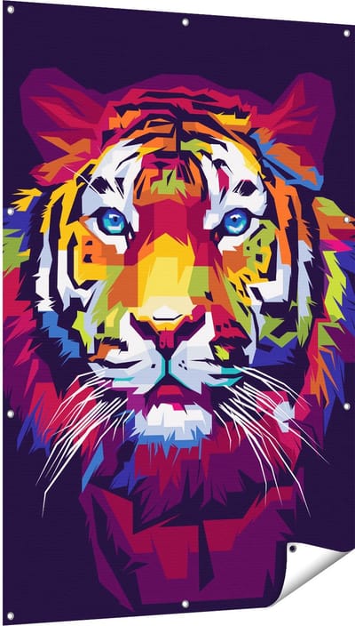 Gards Tuinposter Kleurrijke Tijger - Abstract - 100x150 cm - Tuindoek - Tuindecoratie - Wanddecoratie buiten - Tuinschilderij