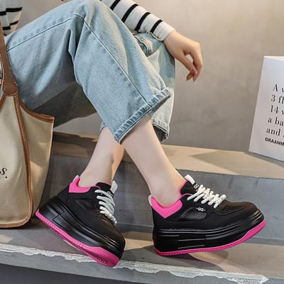 6,5 cm Nieuwe Split Leer Platte Sneakers voor Dames Nieuwe Gemengde Kleuren Vrouwelijk Verborgen Hakken Skateschoenen in Herfstmode 39 zwart