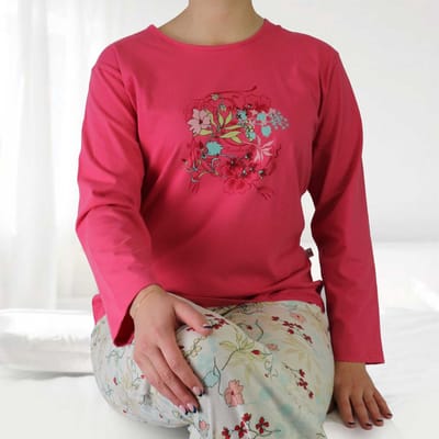 Tenderness Dames Pyjama - Botanisch Patroon - Katoen - Rood - Maat S