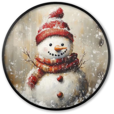 Poster in lijst Rond - Fotolijst 60x60 cm - Posters - Sneeuwpop - Winter - Sneeuw - Beige - Ronde posterlijst zwart - Decoratie - Wanddecoratie woonkamer - Muurdecoratie slaapkamer