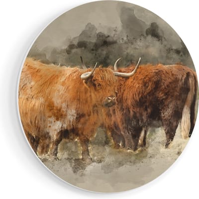 Artaza Forex Muurcirkel Twee Schotse Hooglander Koeien - Abstract - 70x70 cm - Wandcirkel - Rond Schilderij - Wanddecoratie Cirkel - Muurdecoratie