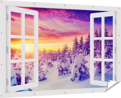 Gards Tuinposter Doorkijk Zonsondergang in het Sneeuw Bos - 180x120 cm - Tuindoek - Tuindecoratie - Wanddecoratie buiten - Tuinschilderij