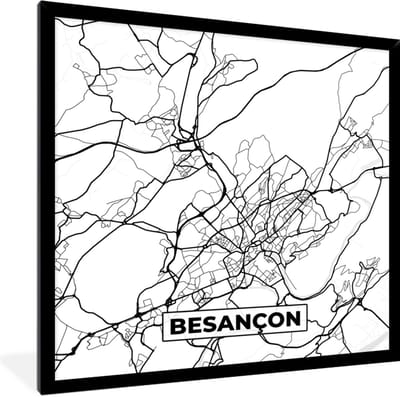 Fotolijst incl. Poster Zwart Wit- Stadskaart - Besançon - Plattegrond - Kaart - Frankrijk - Zwart wit - 40x40 cm - Posterlijst