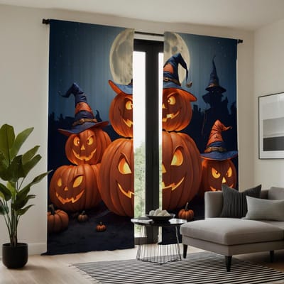 2 stuks HD Maanverlichte jack-o'-lantern Geest gordijn Zwarte stropdas digitaal bedrukt gordijn Woondecoratie stijl Decoratie woonkamer W52H63inchW132H160cm gray