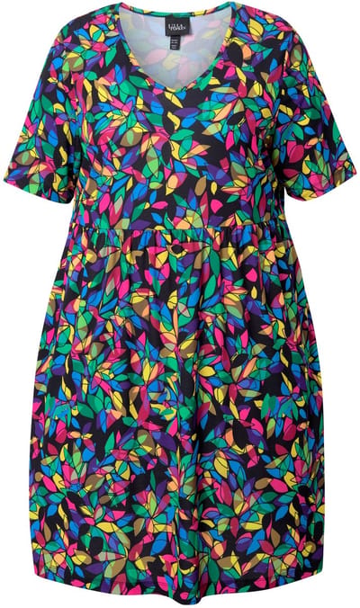 Ulla Popken - Dames - Longshirt A-lijn V-halslijn halve mouwen zakken - Zwart - Maat 46+