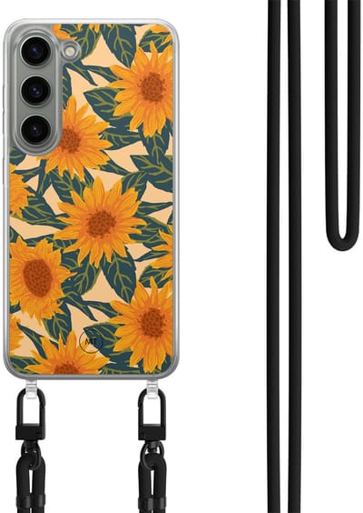 Hoesje met koord geschikt voor Samsung Galaxy S23 - Zonnebloemen - Inclusief Zwart koord - Crossbody beschermhoes - Transparant, Oranje - Mooie Telefoonhoesjes