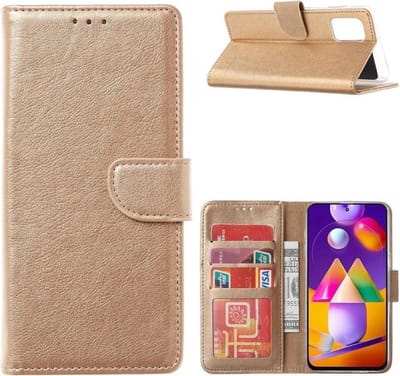 LuxeBass Hoesje geschikt voor Samsung Galaxy A02S - Bookcase Goud - portemonnee hoesje gsm hoesje - telefoonhoes - telefoonhoesjes