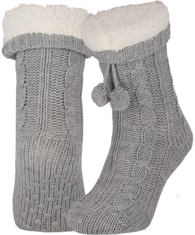 Apollo Huissloffen - dames - gebreid - slofsokken - lichtgrijs - one size maat 36/41 - fleece