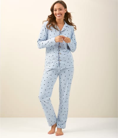 Little Label - klassieke dames pyjama lichtblauw hartjes XS/34-36 - Zachte BIO Katoen