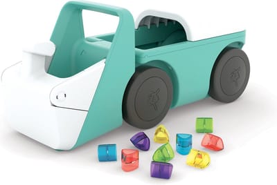 Chillafish Loopauto 1 jaar met 10 speelblokken - Blauw Groen - Loopwagen voor jongens en meisjes tot 3 jaar - Lichtgewicht speelgoed met graafmachine simulatie en opbergruimte - Zeer stabiel met 4 wielen - Model Blockie