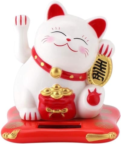Zonneladen Waving Fortune Cat - Schattig Geluksbeeldje voor Bureau en Auto - Witte Decoratie voor Geluk en Welvaart