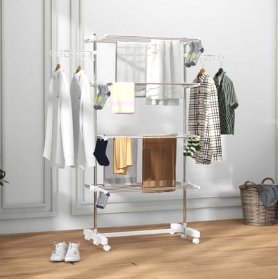 MEUNIQ Droogtoren 142 x 55 x 172 cm met 4 niveaus, inklapbaar, met 6 wielen en rem, verstelbare zijvleugels, wit, voor binnen en buiten