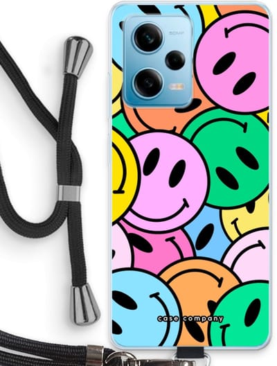 Case Company® - Hoesje met koord geschikt voor Xiaomi Redmi Note 12 Pro 5G hoesje met Koord - Smiley N°1 - Telefoonhoesje met Zwart Koord - Bescherming aan alle Kanten en Over de Schermrand