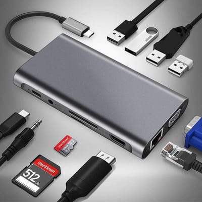 11-in-1 USB-C Hub | Adapter | Dock Splitter | 4x USB 3.0 Poorten | LAN RJ45 | 4K HDMI HDTV | VGA | SD Kaart Card | AUX Audio | Thunderbolt 3 | USB Type C | PD Chip | Geschikt voor Apple Macbook en Chromebook - Space Grey S002