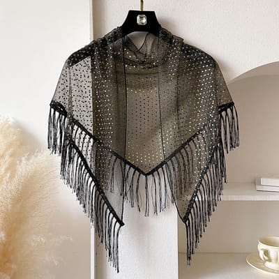 Écharpe Triangle à Sequins Mode Franges Brillantes Dentelle Châles Cape Enveloppante Dame Couleur Unie Mariage Fête Châles Étole Robes de Soirée Châle black