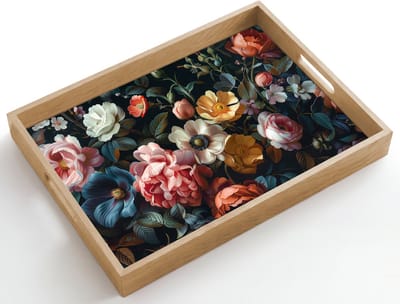 Dienblad hout 50x35 cm - Schootdienblad - Vintage - Kleurrijk - Bloemen - Modern - Borrelplank rechthoek - Plateau dienbladen
