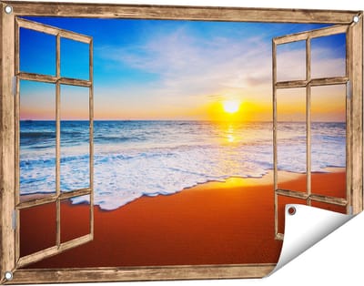 Gards Tuinposter Doorkijk Strand en Zee tijdens Zonsondergang - 90x60 cm - Tuindoek - Tuindecoratie - Wanddecoratie buiten - Tuinschilderij