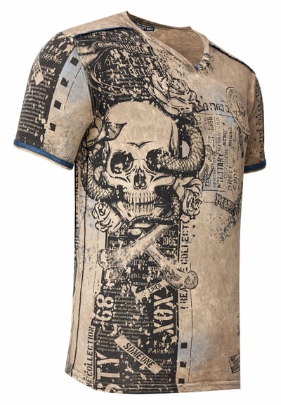 T-shirt met V-hals en all-over skull- en slangprint en suède details