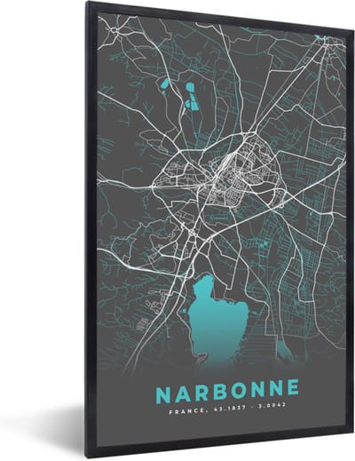 Fotolijst incl. Poster - Kaart – Stadskaart – Narbonne - Plattegrond – Frankrijk - 40x60 cm - Posterlijst