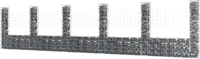 Schanskorf U-vorm - Steenkorf muur - Tuin decoratie - Met 6 zuilen - 620x20x150 cm - Zilver