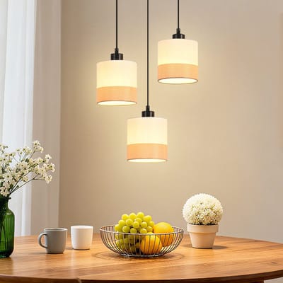 NETTLIFE Hanglamp - 3-Lichts - E27 Fitting - wit - rond - Eettafel hanglamp - Vintage - met stoffen lampenkap - voor Eetkamer | Woonkamer | Keuken - B 25cm-excl. lichtbron