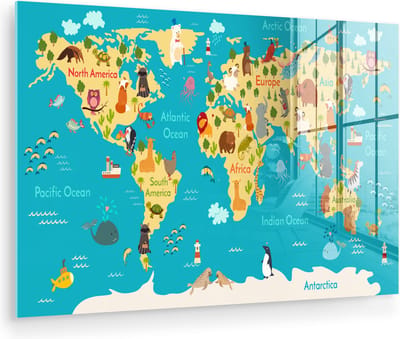 ® Glasschilderij 180x120 cm - Schilderij acrylglas - Wereldkaart - Kinderen - Dieren - Geel - Blauw - Jongens - Meisjes - Foto op glas - Muurdecoratie woonkamer - Wanddecoratie slaapkamer - Schilderijen