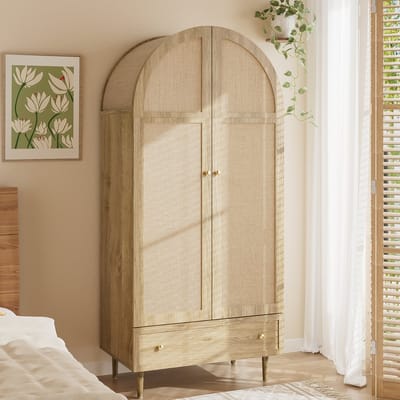 Wishdor - Kledingkast - Met Laden En Stoffen Deuren - Modern - Voor Slaapkamer - MDF - Eiken - 79 X 50 X 175 Cm