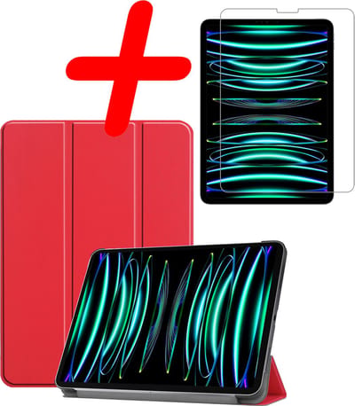 Hoesje Geschikt voor Apple iPad Pro (2022) - 11 inch - 4e generatie - Met Screenprotector - Trifold Bookcase - Hard Cover - Hardcover Book Case - Tablet Hoes - Rood