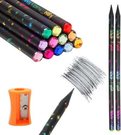 Elegante Houten HB Potlood Set met Strass Steentjes en Slijper, Ergonomische Potloden voor School en Kantoor, Perfect Cadeau voor Creatieve Geesten