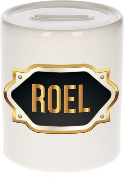 Spaarpot met voornaam Roel - wit - met goud/zwart embleem - 8 x 9 cm - keramiek - met afsluitdop - cadeau verjaardag