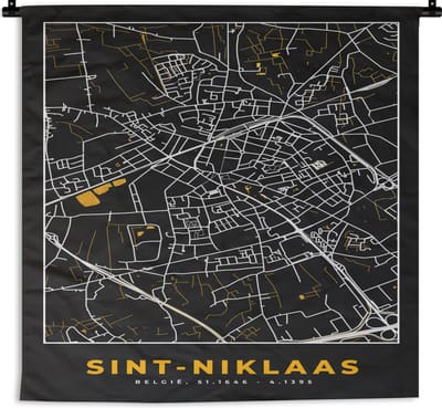 Wandkleed - Wanddoek - Stadskaart - Sint-Niklaas - Plattegrond - Goud - Kaart - 180x180 cm - Wandtapijt