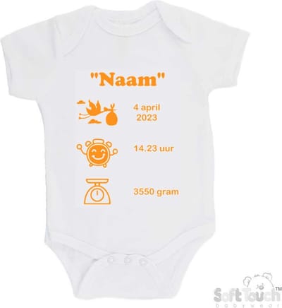 100% katoenen Romper met naam & geboortegegevens Unisex/Meisje/Jongen Katoen Wit/mosterd Maat 56/62