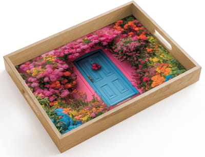 Dienblad hout 40x30 cm - Schootdienblad - Bloemen - Deur - Roze - Borrelplank rechthoek - Plateau dienbladen