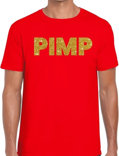 Pimp glitter tekst t-shirt - rood - voor heren - Pooier thema - verkleedkleding - gouden print S