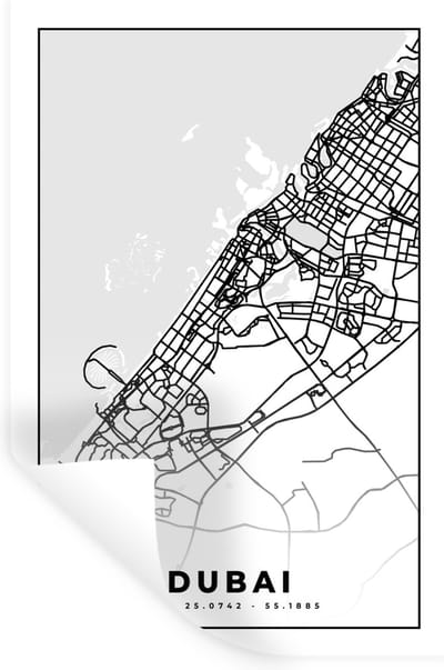 Muurstickers - Sticker Folie - Dubai - Kaart - Stadskaart - Plattegrond - Zwart Wit - 20x30 cm - Plakfolie - Muurstickers Kinderkamer - Zelfklevend Behang - Zelfklevend behangpapier - Stickerfolie
