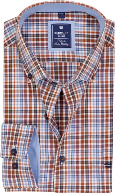 Redmond comfort fit overhemd - twill - bruin - blauw - oranje en wit geruit - Strijkvriendelijk - Boordmaat: 39 - 40