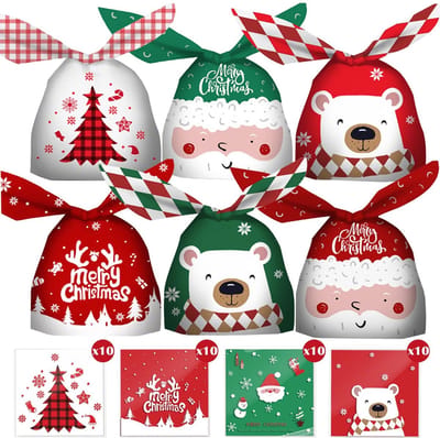 Dailygoods- Geschenkzakjes 60 stuks - Kerstcadeauzakjes - Snoepzakjes - Plastic zakjes - Konijnenoorvorm - 6 verschillende patronen - Cadeauzakjes