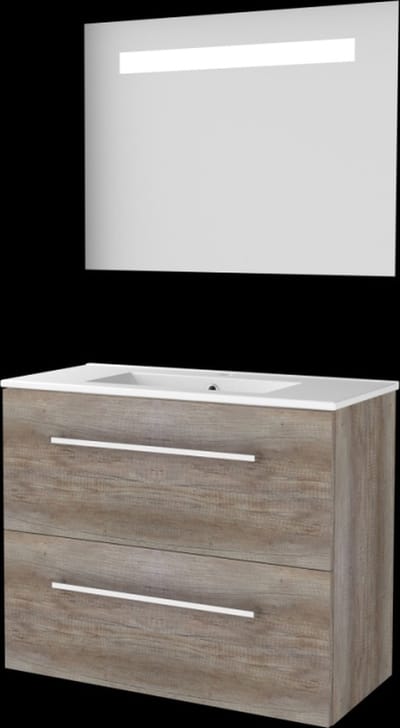 Basic-Line Economic 39 Badkamermeubelset - Ondiep - 80 x 39 cm - Met Grepen - 2 Lades - Keramische Wastafel - 1 Kraangat - Spiegel met LED Verlichting - Scotch Oak