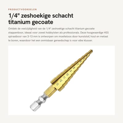 Dailygoods - 1/4" zeshoekige schacht - titanium gecoate stappenboor - 3-13 mm - spiraalboor - multi-gat kegelboor - geschikt voor hout en metaal
