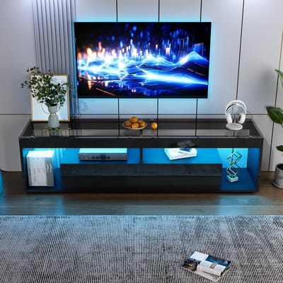 Pugsdrly LED hoogglans tv kast geschikt voor tv's tot 70 inch zwart met 2 lades voor woonkamer en slaapkamer