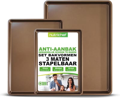 NutriChef bakplaat Oven - 3-delige Anti-aanbak - Bakplaten set - Inclusief XL, Middelgrote en Kleine Maten - Goud