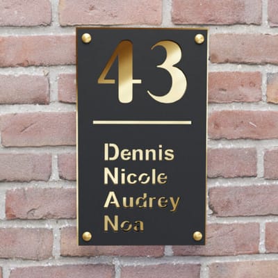 Naambordje voordeur - Huisnummerbord - Rechthoek staand - 25x15 - zwart/goud - RVS afstandshouders