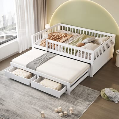 Komhtom Slaapbank van massief hout 140*200 cm, volledig beklede veiligheidshek, uitschuifbaar bed met 2 lades eronder, met lattenbodem, kinderbed, tienerbed, extra bed voor volwassenen, wit