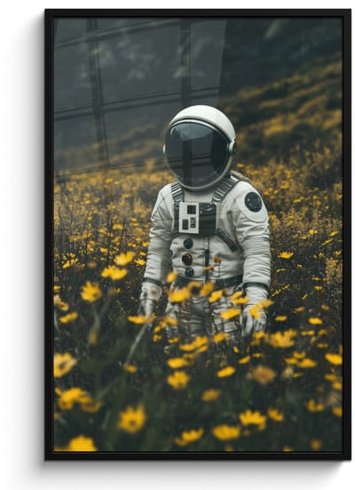Poster in lijst - Fotolijst 80x120 cm - Posters - Astronaut - Bloemen - Veld - Geel - Posterlijst zwart - Decoratie - Wanddecoratie woonkamer - Muurdecoratie slaapkamer